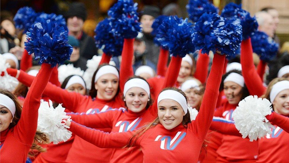 Cheerleaders take part in the London New Year's Day Parade