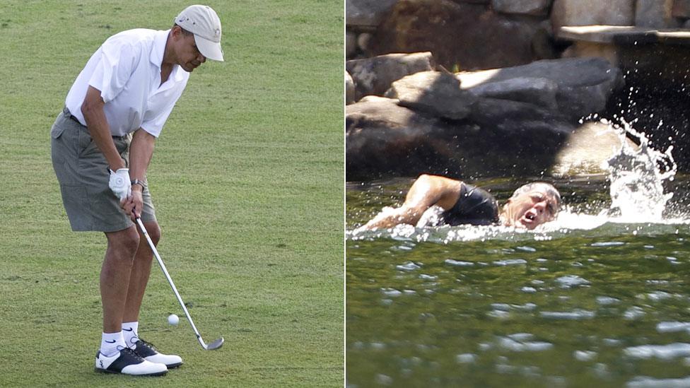 Barack Obama plays golf and Mitt Romney swims in Wolfeboro, New Hampshire 6 July 2012