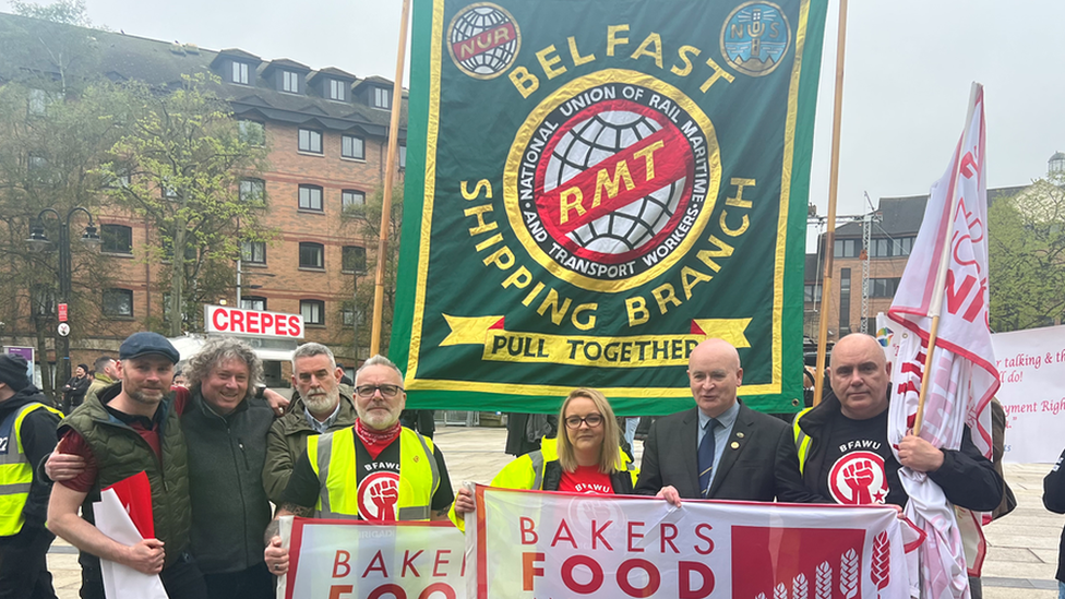 Trade union members, including Mick Lynch, at the rally in Belfast