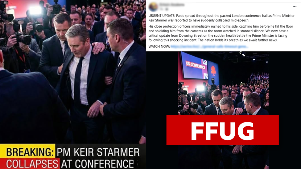 Roedd straeon ffug yn awgrymu bod Syr Keir Starmer wedi llewygu ar lwyfan neu wedi colli ei swydd fel Prif Weinidog 