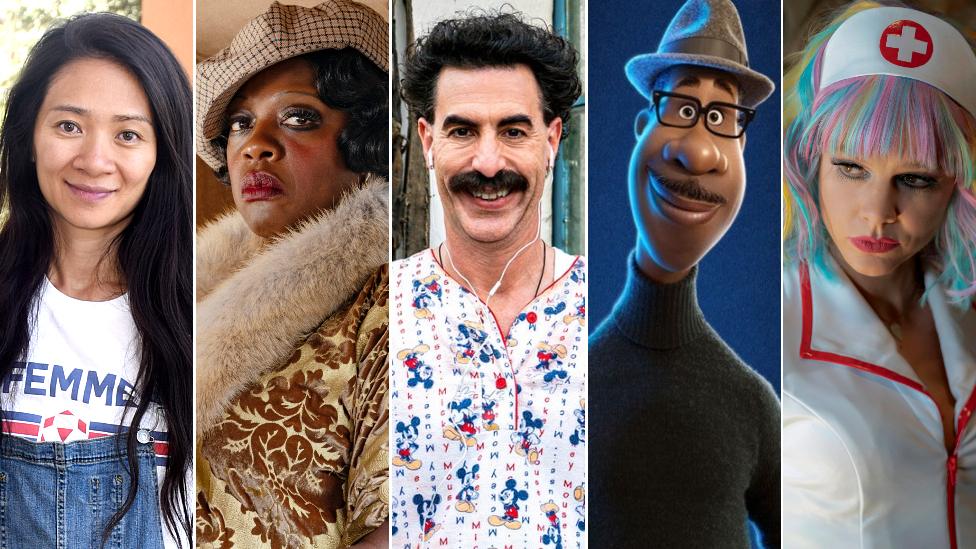 Chloe Zhao, Viola Davis as Ma Rainey, Sacha Baron Cohen as Borat, Joe Gardner voiced by Jamie Foxx, and Carey Mulligan as Cassie Thomas