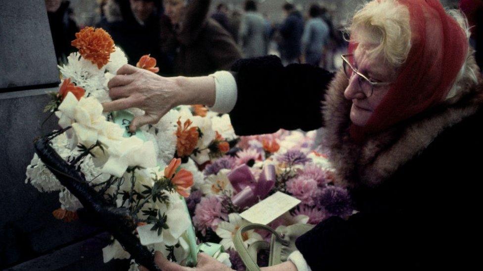 A wreath of remembrance for Gerald Donaghy is laid at the memorial to those killed by British paratroopers on Bloody Sunday