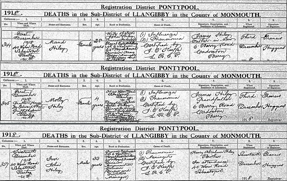 The Hiley family all died of influenza and its complications - death certificates