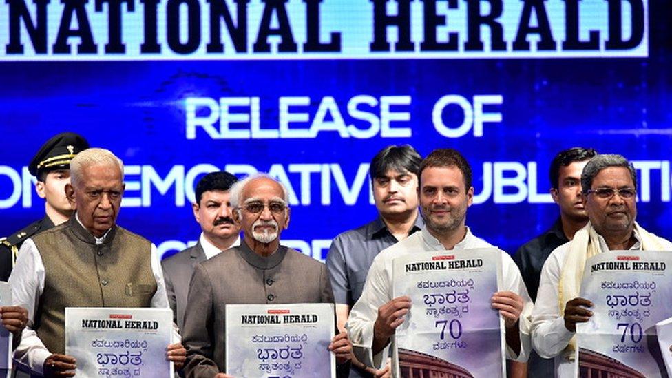 Karnataka Governor Vajubhai Rudabhai Vala, Vice President of India Hamid Ansari, Congress Vice President Rahul Gandhi and Karnataka Chief Minister Siddaramaiah during the release of commemorative edition of National Herald newspaper at Dr. Ambedkar Bhawan on June 12, 2017