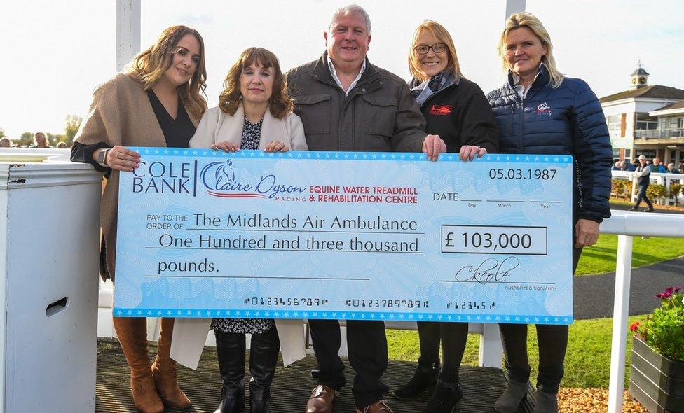 L-R: Stephanie, Diane and Roger Cole (Charlotte’s sister and parents), Emma Wood, head of fundraising and marketing for Midlands Air Ambulance Charity, and Claire Dyson of Claire Dyson Racing