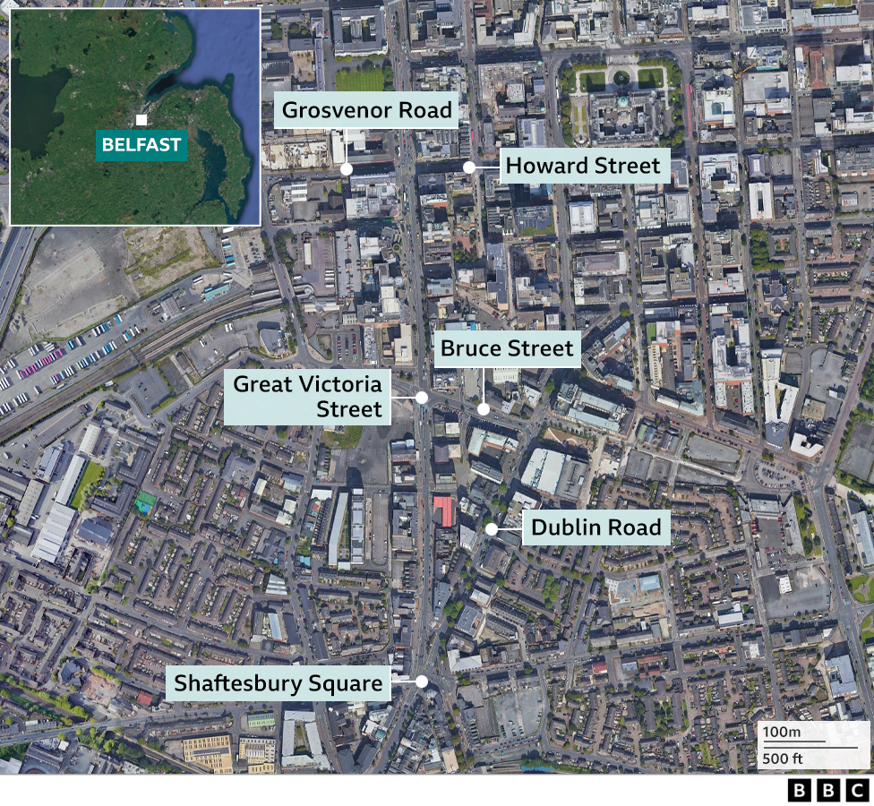 A map of Belfast showing Shaftesbury Square, Dublin Road, Great Victoria Street, Bruce Street and Howard Street