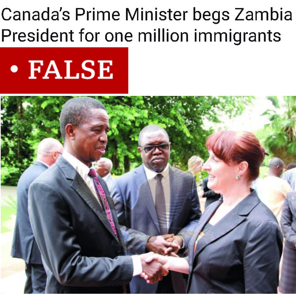 Zambia's President Edgar Lungu shakes hands with Pamela O'Donnell, Canada's High Commissioner to Zambia