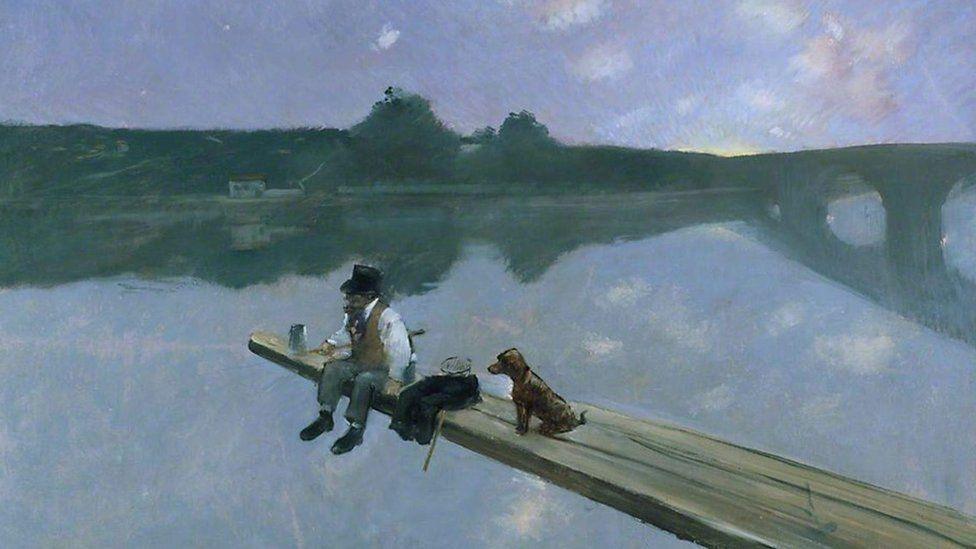 A painting showing a man sat on a long wooden walkway over water wearing a top hat with a dog and fishing equipment by his side an arched bridge spans the water behind him.