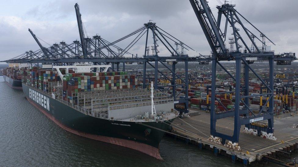 A ship docked at Felixstowe