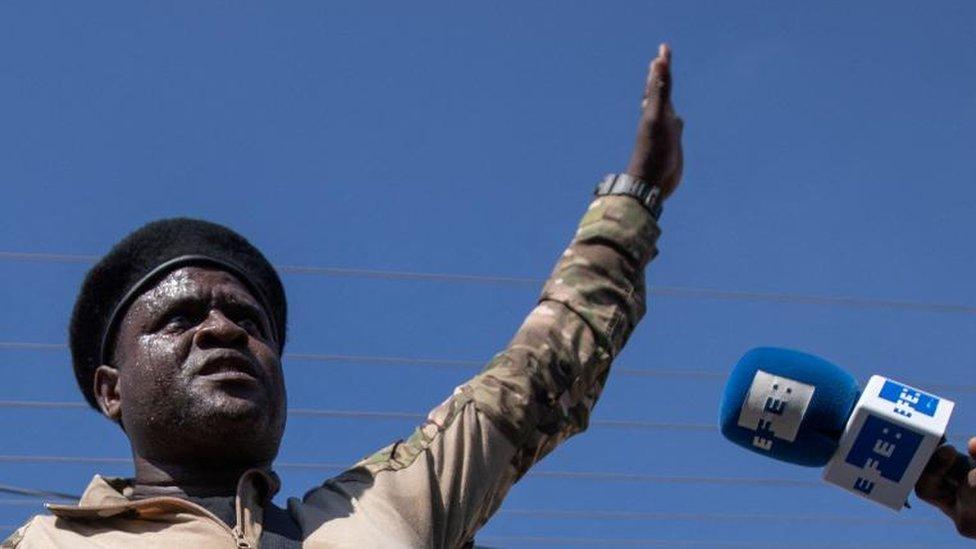 Former police officer Jimmy "Barbecue" Cherizier, leader of the 'G9' coalition, speaks during a press tour of the La Saline shanty area of Port-au-Prince, Haiti November 3, 2021.