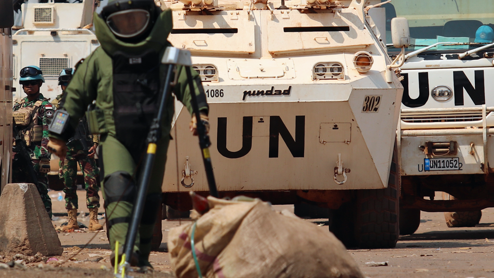 A UN worker in de-mining gear in the Central African Republic