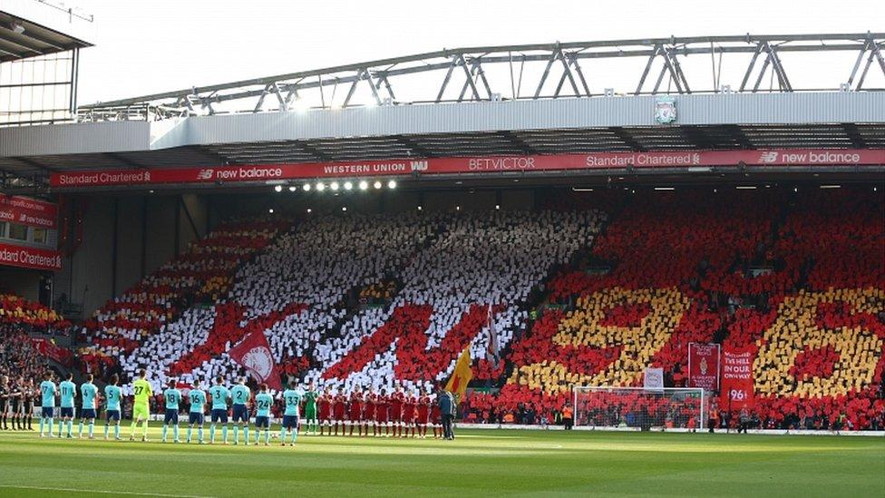 players and fans remember those who lost their lives in the Hillsborough disaster prior to the Premier League match between Liverpool and AFC Bournemouth at Anfield on April 14