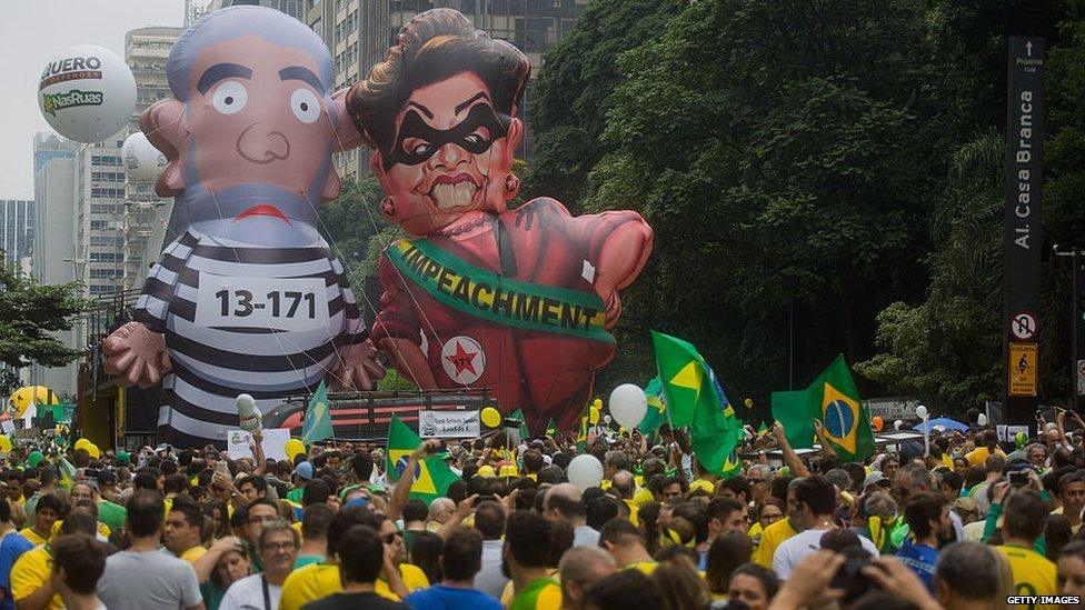 Protestors demonstrate demanding the removal of President Dilma Rousseff