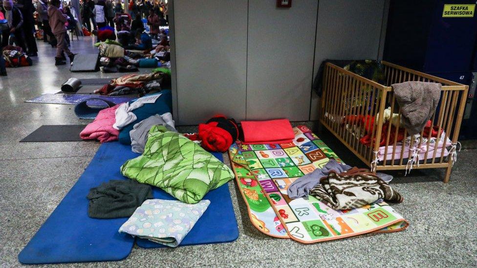 Makeshift beds at Krakow station