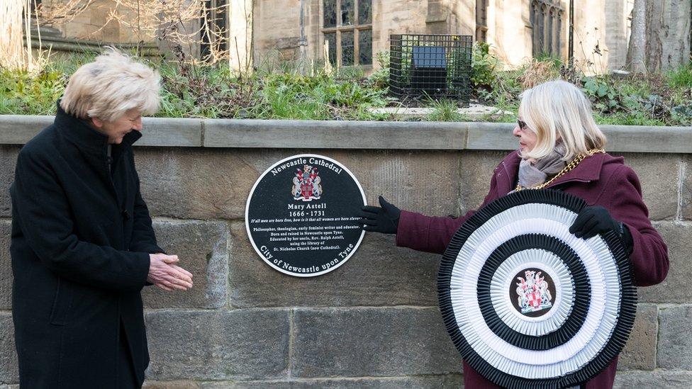 Jane Hedges, Acting Dean of Newcastle; and the Sheriff of Newcastle, Councillor Veronica Dunn, unveiling the plaque dedicated to Mary Astell at Newcastle Cathedral