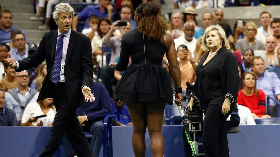 Serena Williams talking with grand slam supervisor Donna Kelso and referee Brian Earley during the US Open final