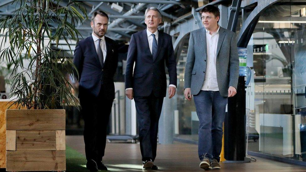 Chancellor of the Exchequer Philip Hammond (centre) meeting Gerry Mallon, CEO of Ulster Bank (left) and Patrick Walsh, MD of Dogpatch Labs during a visit to the Dogpatch Labs co-working space in Dublin.