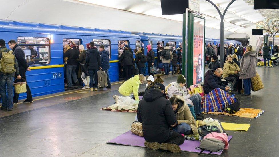 People on one of the metro stations used as a bomb shelter during a bombing threat in Kyiv, Ukraine. February 28, 2022.