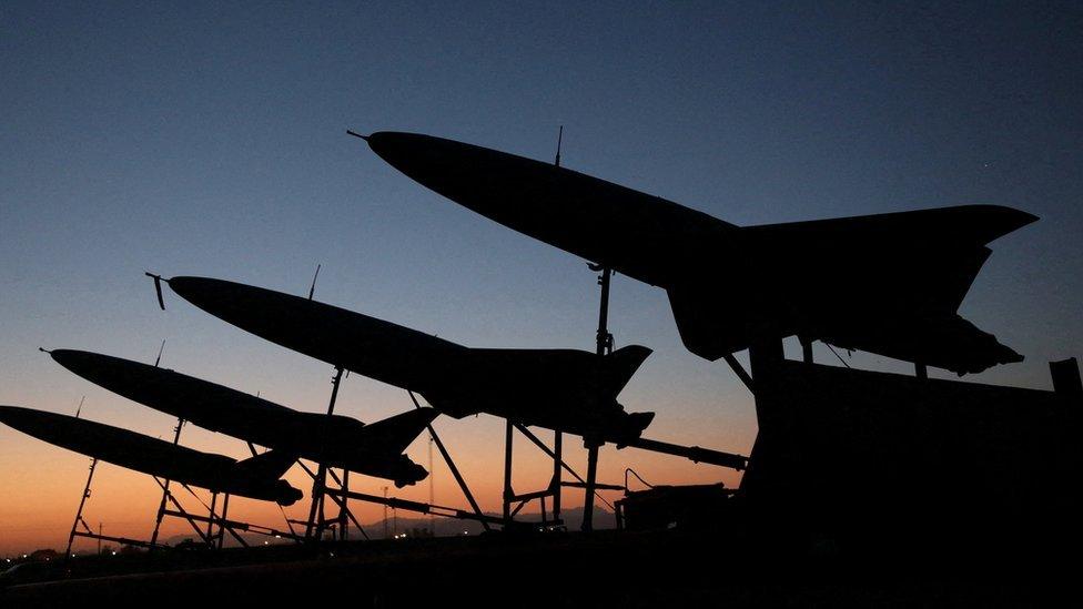 A view of drones during a military exercise in an undisclosed location in Iran,