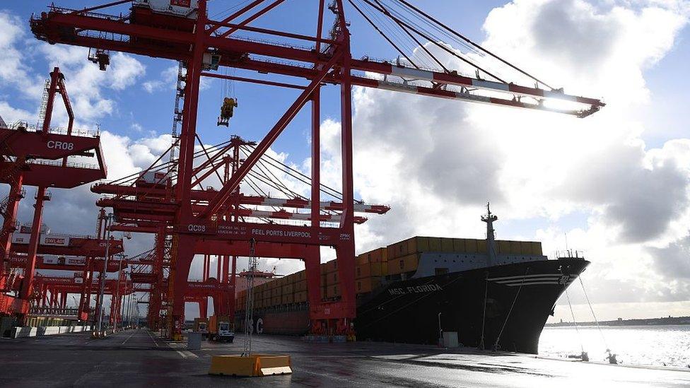 A container ship is moored up in the new Peel Ports container terminal in Liverpool