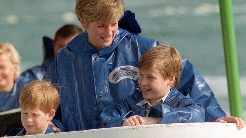 The Princess of Wales with her sons Prince Harry and Prince William in 1991