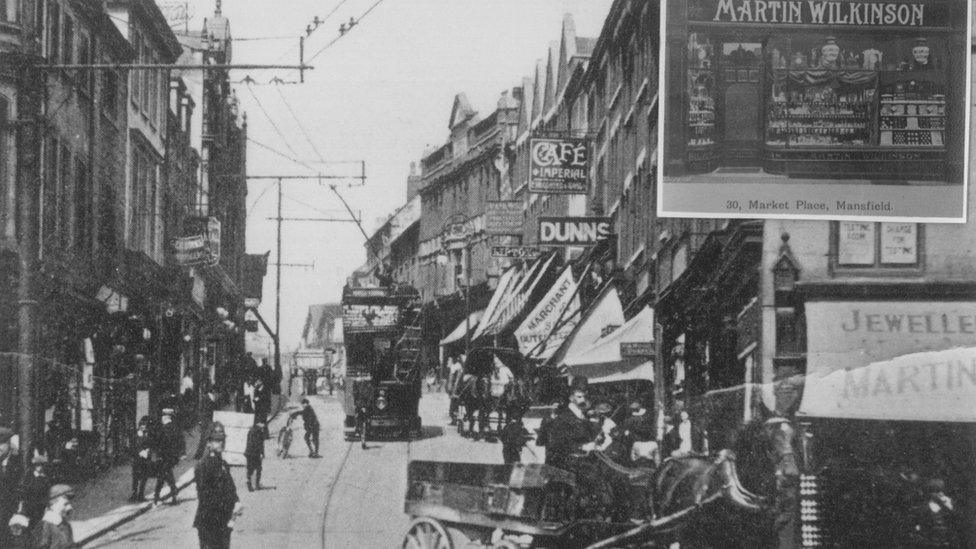 Martin Wilkinson Jewellers at its old premises at the bottom of Leeming Street and Market Place. Taken between 1908 and 1928.