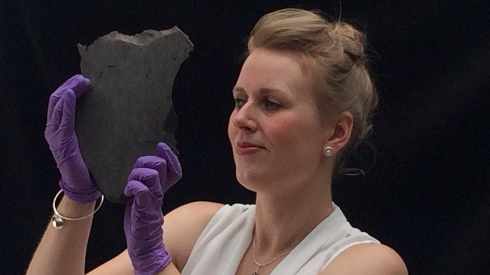 Curator Kirsty MacNab with the Gibeon meteorite