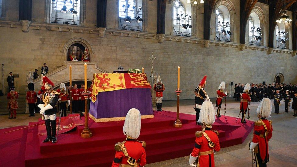 King Charles II and other members of the royal family are seen inside the Palace of Westminster as the First Watch begins their duty during the Lying-in State of Queen Elizabeth II on September 14, 2022 in London, England.