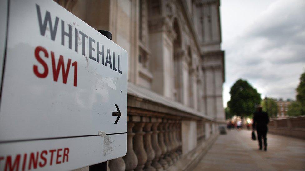 A street sign which says "Whitehall, SW1."