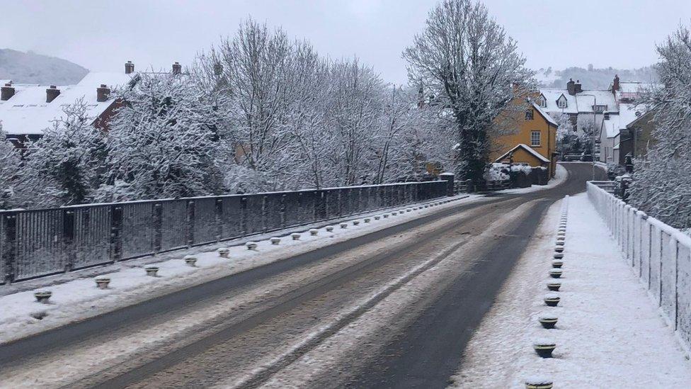 Snowy roads and rooftops at Clyro, near Hay-on-Wye