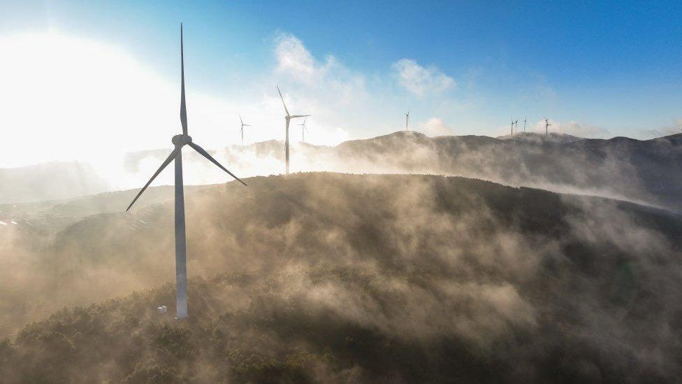 Wind turbines on top of a hill in Bijie City, Guizhou Province, China.