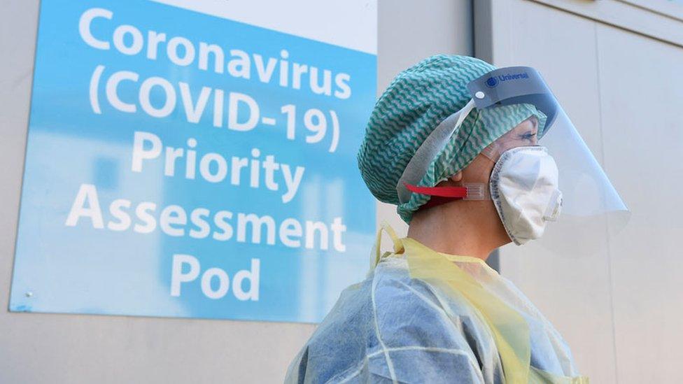 An Emergency Department Nurse during a demonstration of the Coronavirus pod and COVID-19 virus testing procedures set-up beside the Emergency Department of Antrim Area Hospital, Co Antrim in Northern Ireland