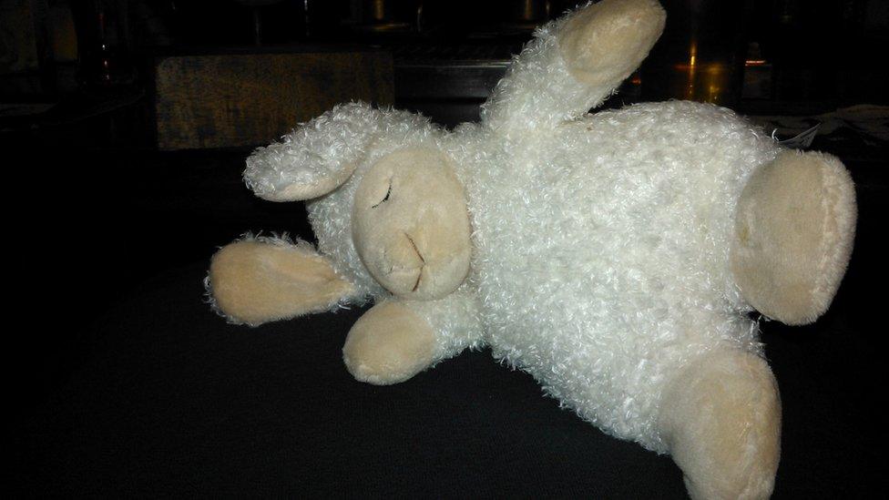 A photo of a toy sheep lying on its side 'asleep'