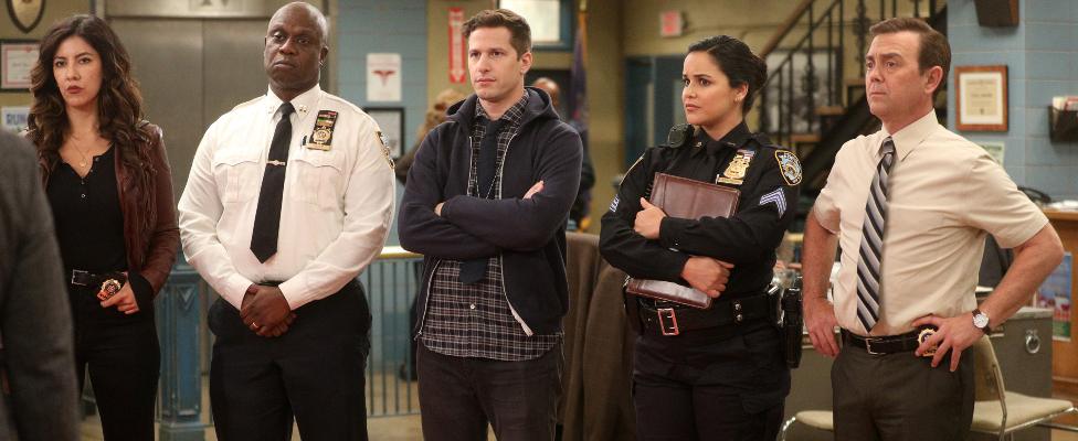 ROOKLYN NINE-NINE -- "Dillman" Episode 709 -- Pictured: (l-r) Stephanie Beatriz as Rosa Diaz, Andre Braugher as Ray Holt, Andy Samberg as Jake Peralta, Melissa Fumero as Amy Santiago, Joe Lo Truglio as Charles Boyle