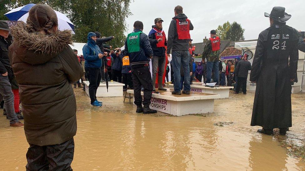 Podiums surrounded by flood water