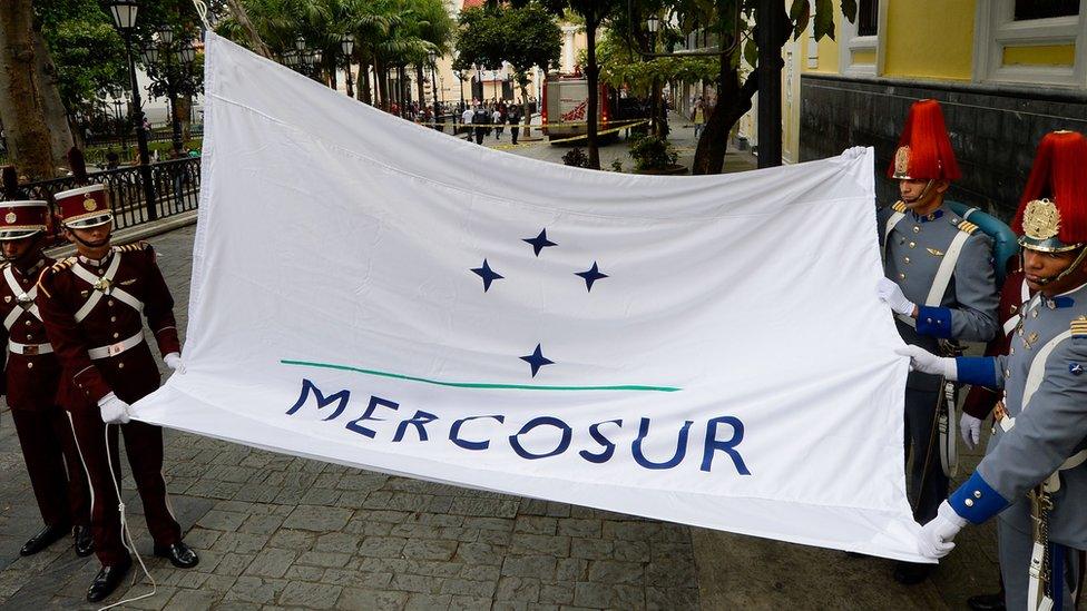 The Mercosur flag is raised in front of the Venezuelan Foreign Office building, in Caracas in August 2016.