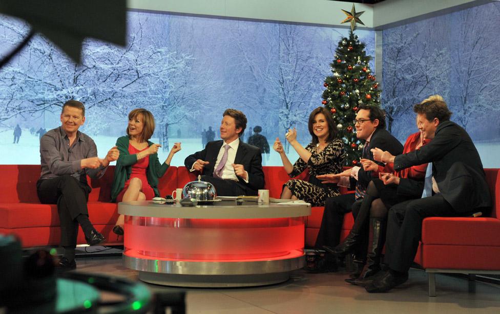 The presenters of the BBC programme Breakfast. From left: Bill Turnbull, Sian Williams, Charlie Stayt, Susanna Reid, Simon Jack (business), Carol Kirkwood (weather) and Mike Bushell (sport). 24/12/2010.