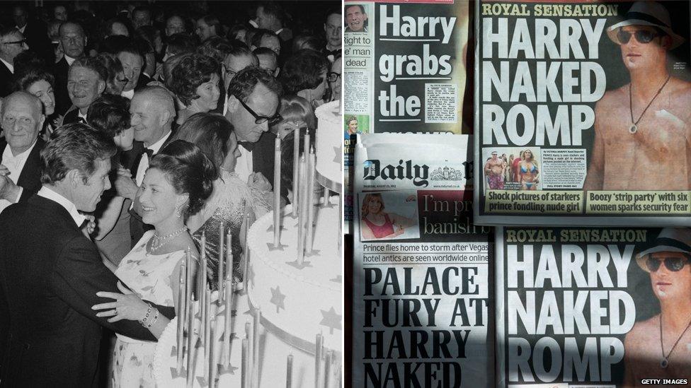 (L) Princess Margaret enjoyed a social occasion; (R) Harry got into hot water over a pool party in Vegas