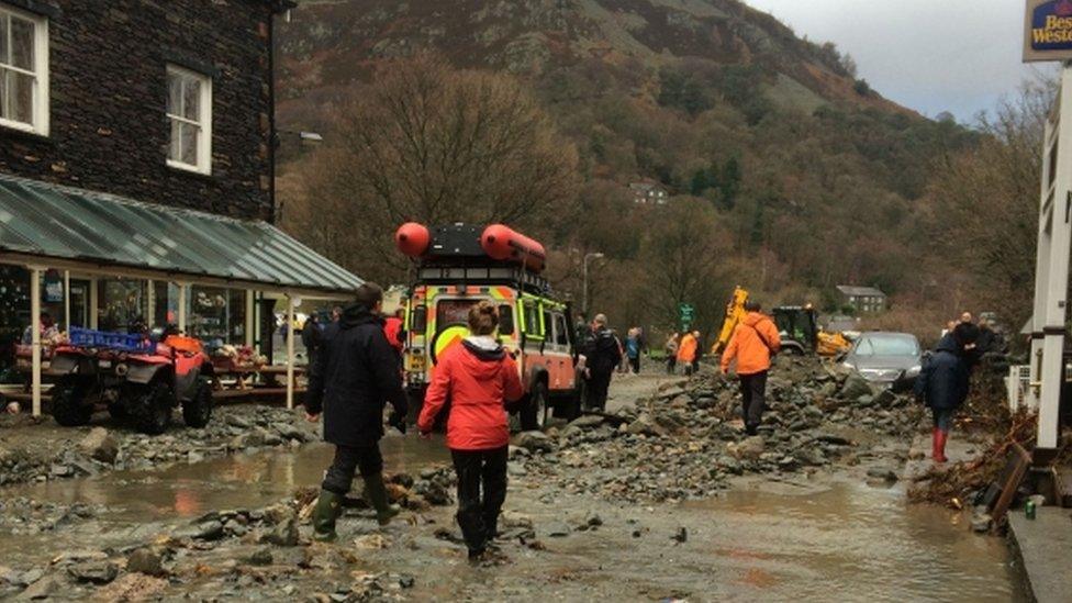 Flood damage in the village of Glenridding in Cumbria