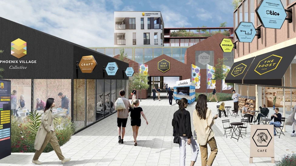 CGI image of a coffee shop, bakery and workspace set off an open thoroughfare on the site of The Fleece in Gloucester. Image shows young couples and individuals walking around. 