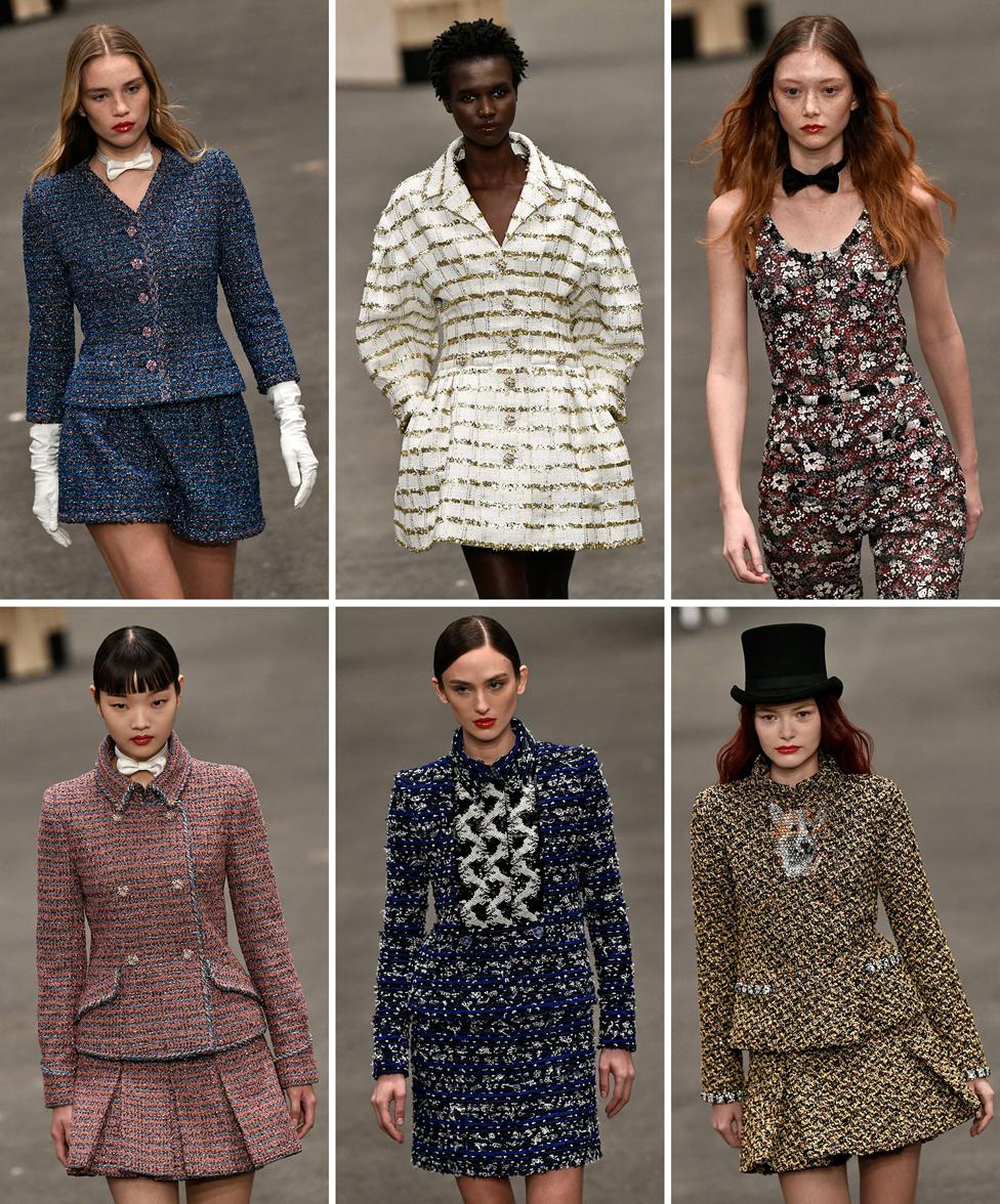 This combination of pictures created on January 24, 2023 shows models presenting creations from Chanel Haute-Couture Spring-Summer 2023-2024 collection during Paris Fashion Week in Paris, on January 24, 2023.