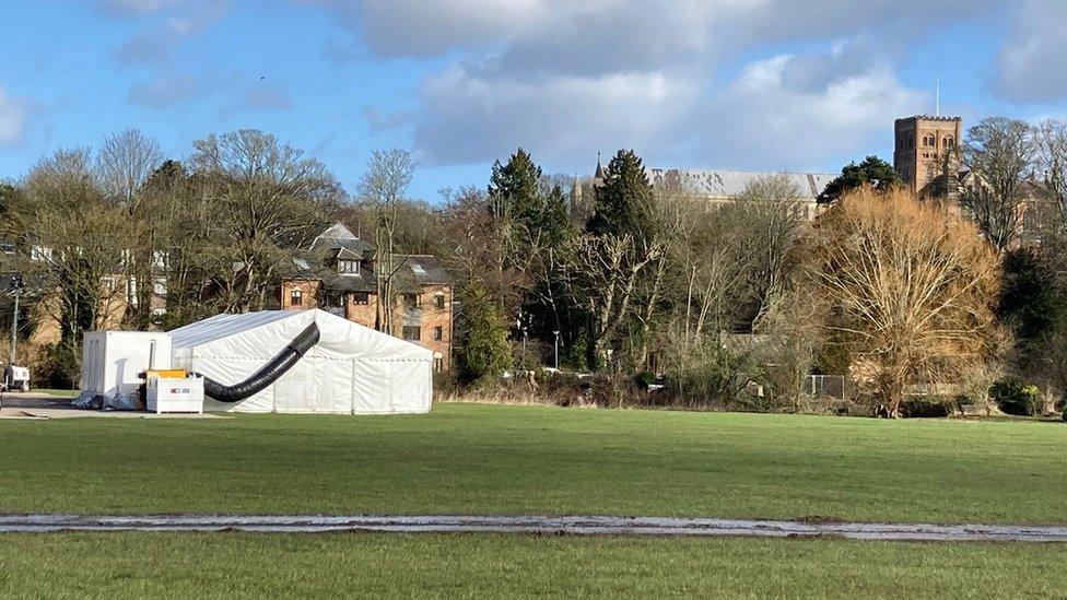 A marquee set up for filming in Verulamium park