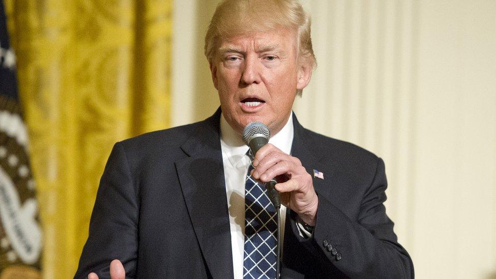 President Donald Trump makes remarks at a reception for U.S. Senators and their spouses in the East Room of the White House on March 28, 2017 in Washington, DC