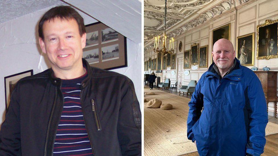 A composite image of two men - Christopher Ingle has short brown hair, a stripy top and a black jacket and Graham Jones is bald, with a grey beard, wearing a blue coat and is standing in a stately home with paintings on the wall behind him.