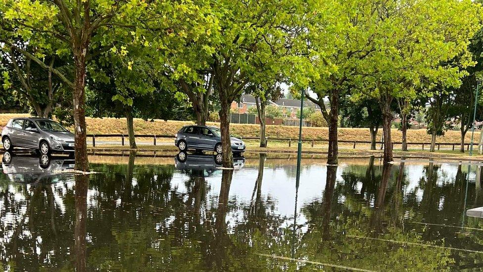 Water gathered on Morrisons car park in Loughborough