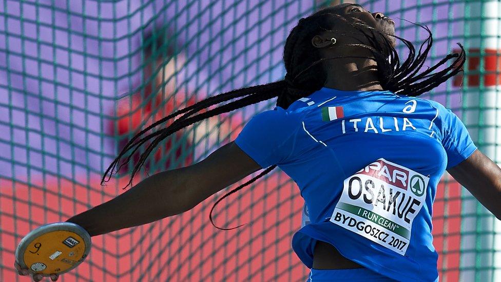 Daisy Osakue from Italy competes in women's discus throw qualification during Day 1 of European Athletics U23 Championships 2017 at Zawisza Stadium on July 13, 2017 in Bydgoszcz, Poland.