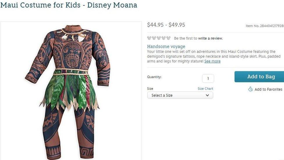 Online page for Moana costume