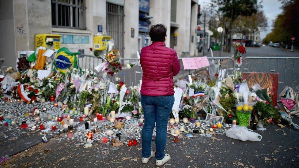 Tributes left near the Bataclan concert hall on 15 November 2015