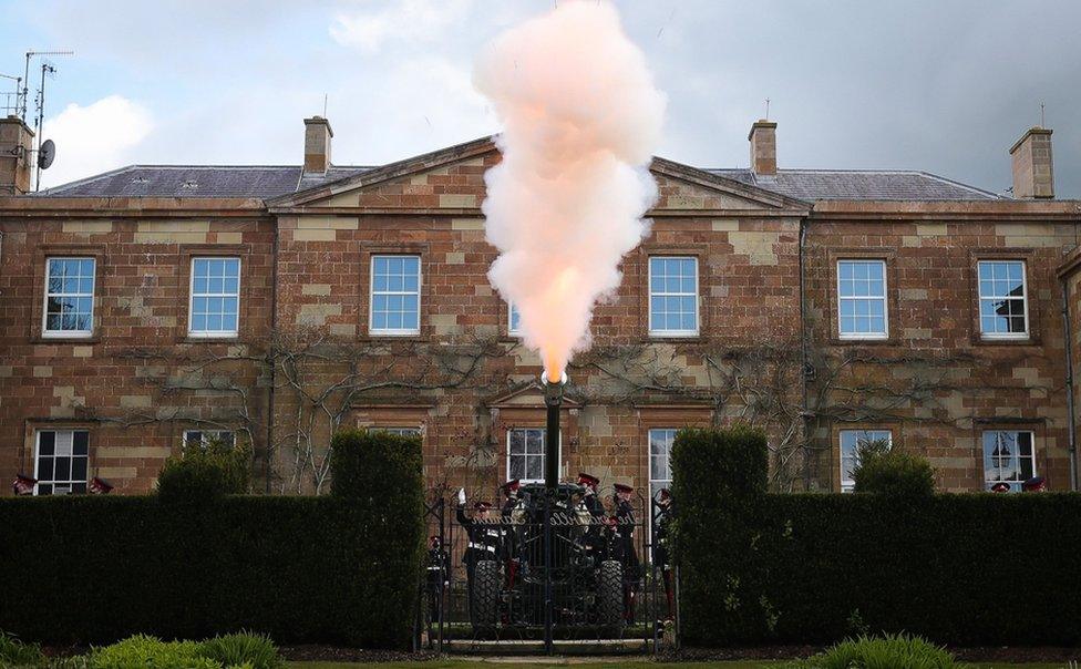 Soldiers from 206 Battery, 105 Royal Artillery take part in a gun salute to the Duke of Edinburgh takes place at Hillsborough Castle in Northern Ireland.