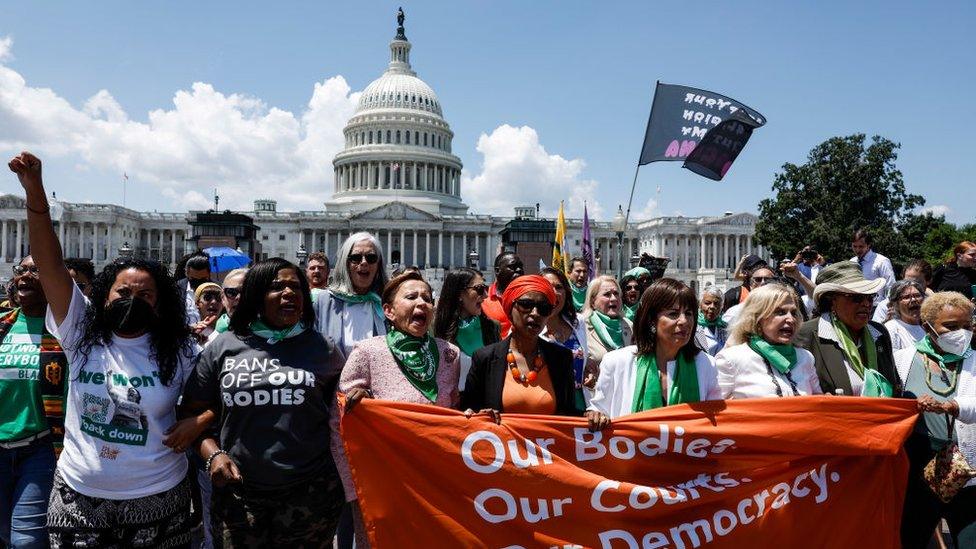 House Democrats join an abortion rights protest with the Center for Popular Democracy Action (CPDA) in front of the US Supreme Court Building on July 19, 2022 in Washington, DC